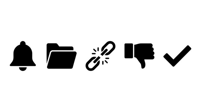 A set of fundamental black glyph icons depicting common actions and states for modern digital interfaces and user experience.