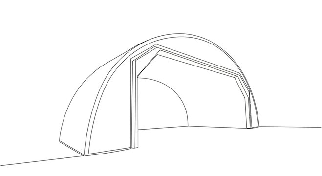 Minimalist outline drawing of an arched shelter or quonset hut with an open front, ideal for illustrating architectural concepts and basic building structures.
