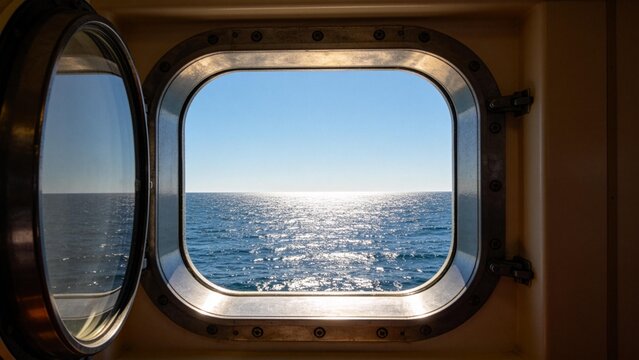 Ship window view of ocean and sky
