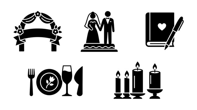 Collection of wedding and celebration icons including arch, bride groom, guestbook, dinner table, and candles for event invitation and decor needs.