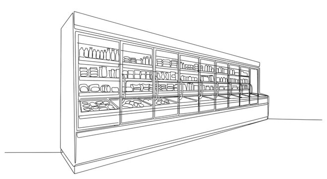 Continuous line art of a supermarket refrigerated display case stocked with food, ideal for retail, grocery store, and merchandising visuals.