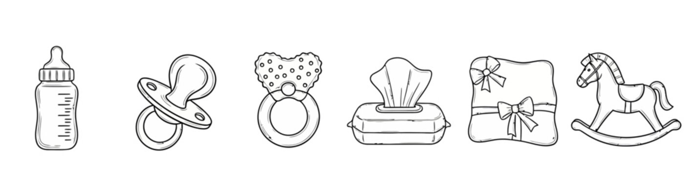 Simple doodle style line art of baby essentials bottle, pacifier, teether, wet wipes, blanket, and rocking horse for newborn care products.