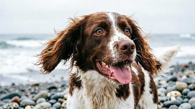 Joyful brown and white Springer Spaniel dog with windblown ears on pebble beach, tongue out, happy expression, coastal outdoor portrait with overcast sky background, natural lighting.