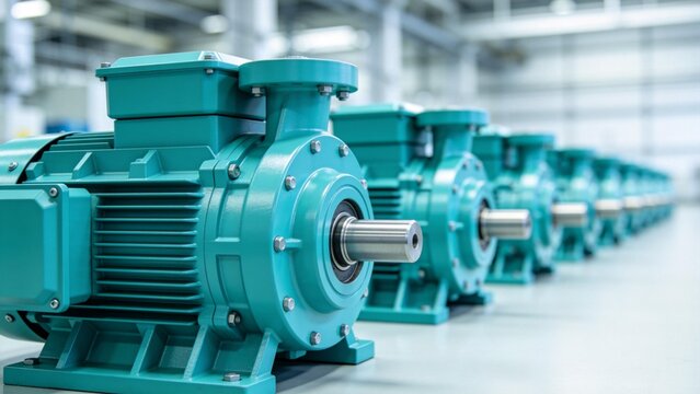 Row of industrial electric motors in factory