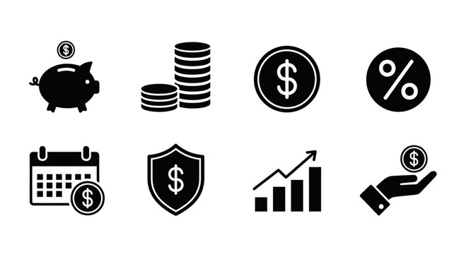 Collection of financial icons including piggy bank, coins, percentage, calendar, shield, growth chart, and hand holding money for business and banking visuals.
