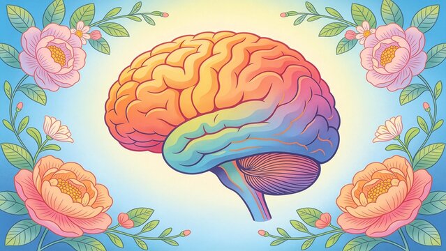 Colorful brain surrounded by flowers