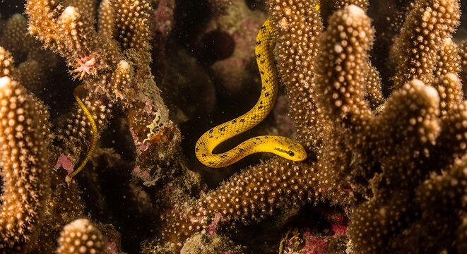 Yellow sea snake swimming through tropical coral reef