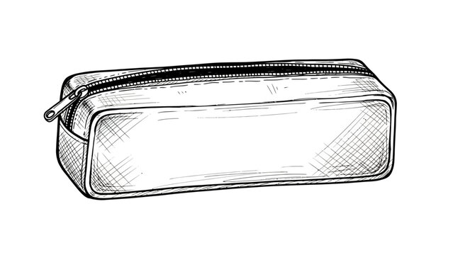 Detailed hand drawn sketch of a rectangular pencil case with a zipper, perfect for school, office, or cosmetic related visuals.