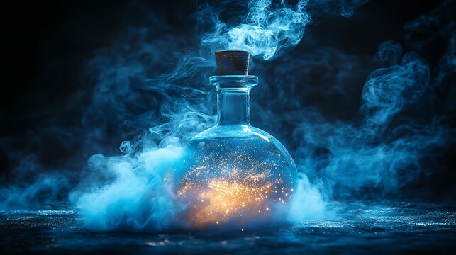 Glowing Glass Bottle Emits Blue Smoke And Sparks