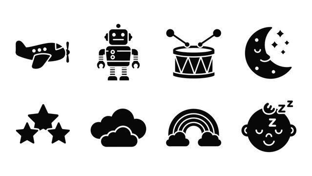 A collection of black and white icons depicting childhood themes like airplanes robots drums and sleep high quality professional detailed modern