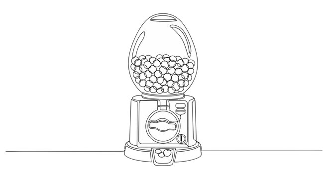Single continuous line art of a vintage gumball machine brimming with sweets, ideal for playful themes, childrens content, or nostalgic design projects.