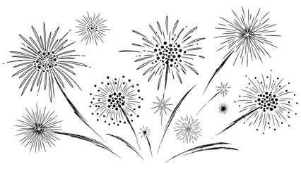 Obraz premium Handdrawn black and white fireworks burst creating a lively and festive scene, perfect for holiday event decorations, invitations, and cheerful celebrations.