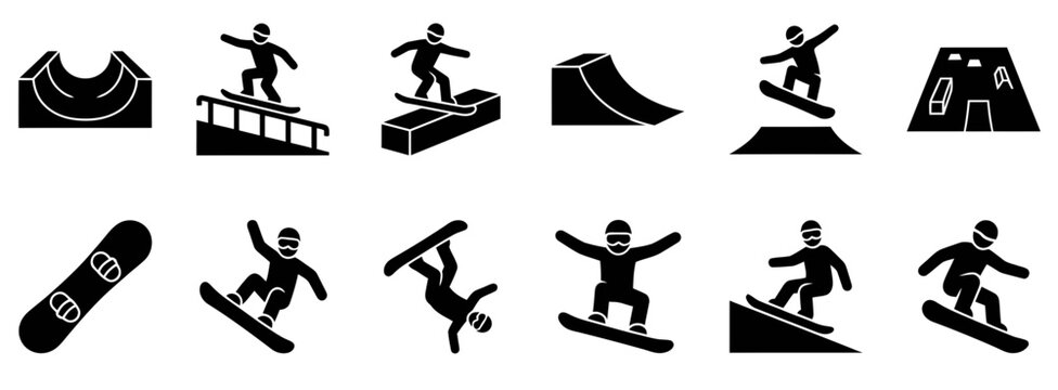 Vector icons representing snowboarding activities, including tricks on rails, jumps, and halfpipes. Ideal for winter sports, outdoor adventure, and extreme sports graphic designs.