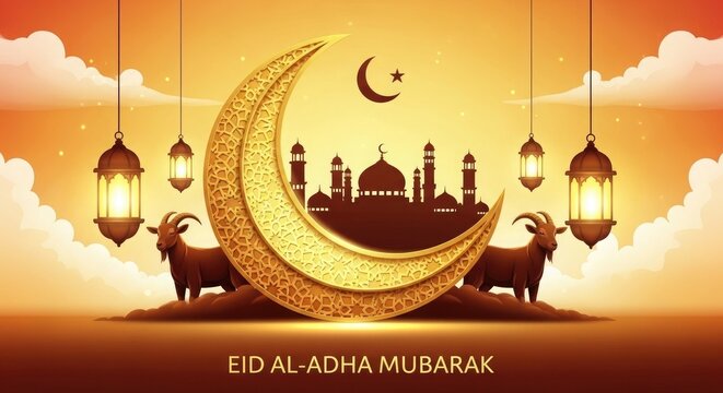Eid al adha mubarak festive crescent moon mosque illustration for islamic holiday greetings celebrations