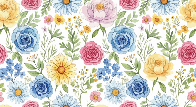 Decorative floral background pattern featuring playful blossoms and subtle green foliage accents