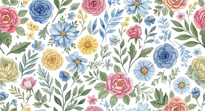 Charming garden-inspired floral background pattern with colorful blossoms and balanced leafy textures