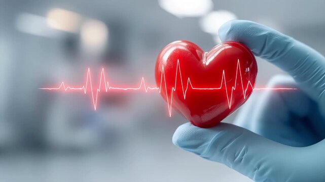 Close up of one hand in blue glove holding shiny red heart with heartbeat