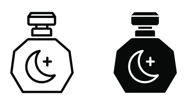Contrasting perfume bottles with crescent moon and plus sign symbols