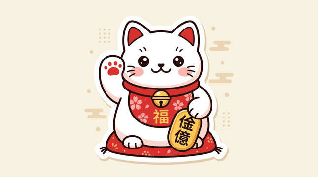 A cute, cartoon-style Maneki-neko, a Japanese beckoning cat, sits on a red cushion, waving its paw and holding a gold coin, symbolizing good fortune and prosperity.