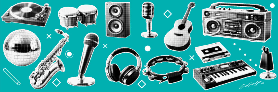Halftone pop art dot turntable drum speaker microphone guitar boombox cassette keyboard tambourine headphones collection vector illustration