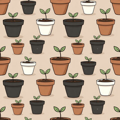 Fototapeta premium Cute Potted Houseplants Seamless Indoor Plant Pattern Beige Background