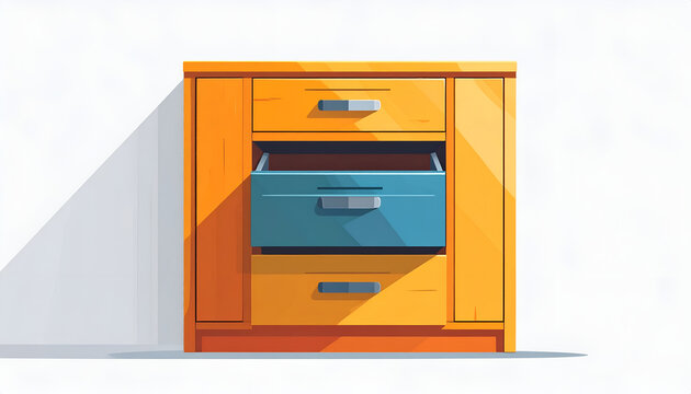 Illustration of orange wooden cabinet with drawers one drawer opened in cartoon style
