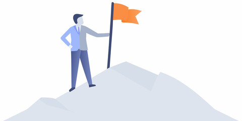 A businessman stands atop a mountain proudly waving an orange flag © Gita