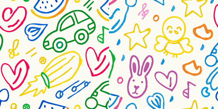 Colorful doodle pattern featuring cars animals and various playful shapes