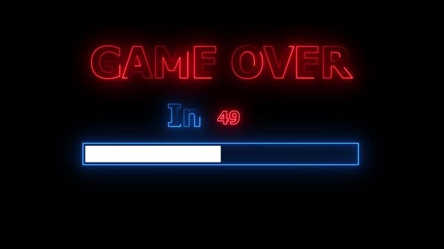 animated game over neon text with countdown and loading progress bar on wet - for gaming, stream screen, and black bagckround.4k motion graphics video animation.