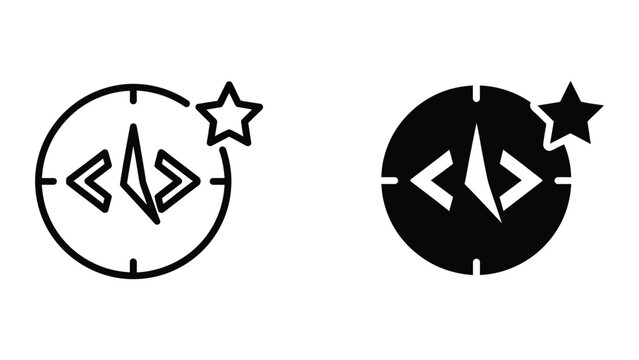 Contrast of coding symbols within circular badges featuring a star accent