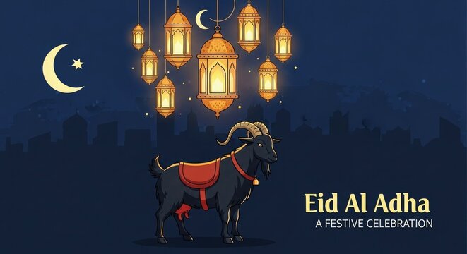 Eid al adha mubarak festive illustration with crescent moon lanterns and camel for a joyful celebration
