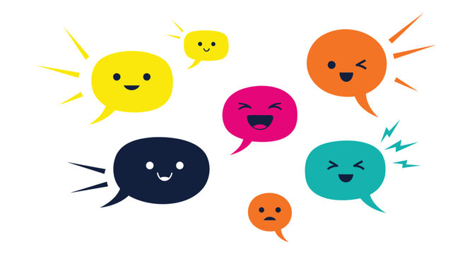 Colorful emoticon faces, chat bubble icons, emoticons set, vector expressions