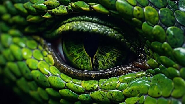 Close-up of a vibrant green snake eye, showcasing intricate scales and captivating detail against a dark background.