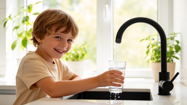 Child filling glass with water from faucet