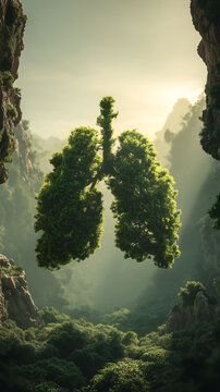 A vibrant, tree-formed lung structure hangs suspended between rugged canyon cliffs, symbolizing nature's essential role in clean air and breath, bathed in soft, golden sunlight