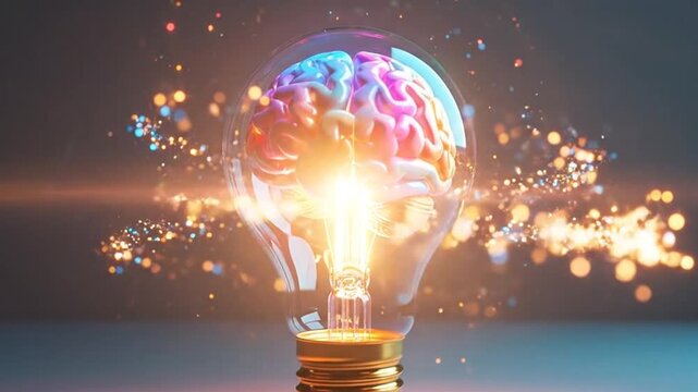 A glowing brain inside a lightbulb, symbolizing ideas, innovation, and the power of thought.