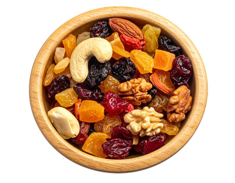Dry fruit mix wooden bowl top view isolated transparent background healthy snack illustration design