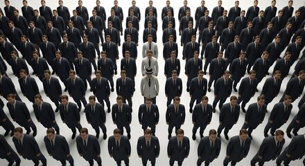 Fototapeta premium Large group of people in suits with one person standing out