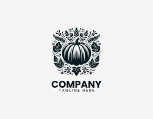 Fototapeta premium Pumpkin with decorative leaves is arranged in bold clean botanical black vector logo style on white background