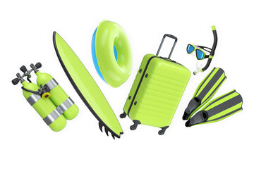 Travel suitcase, snorkeling set, flippers, scuba tank, beach balls, and float ring on white background. Concept of summer vacation © Vasyl Onyskiv