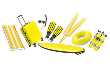Set of beach items like surfboard, diving tank, mask, float rings, and beach balls in a playful cartoon style on white background © Vasyl Onyskiv