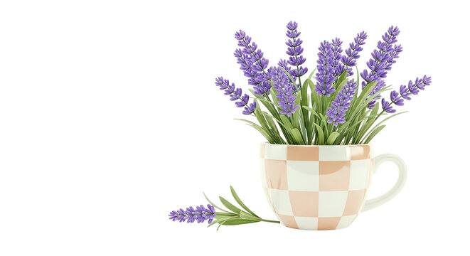 Lavender in a checkered mug on a white background