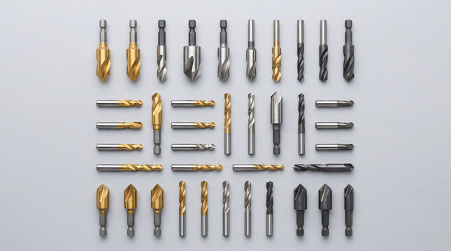 Overhead flat lay of assorted countersink bits arranged on a light-grey surface, showcasing variety and quality in a professional product photography style
