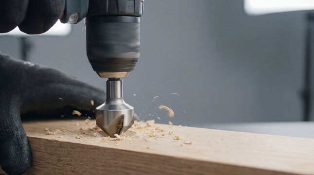 Close-up shot of a countersink bit drilling into a light wood plank, showcasing precision and professionalism in a workshop setting