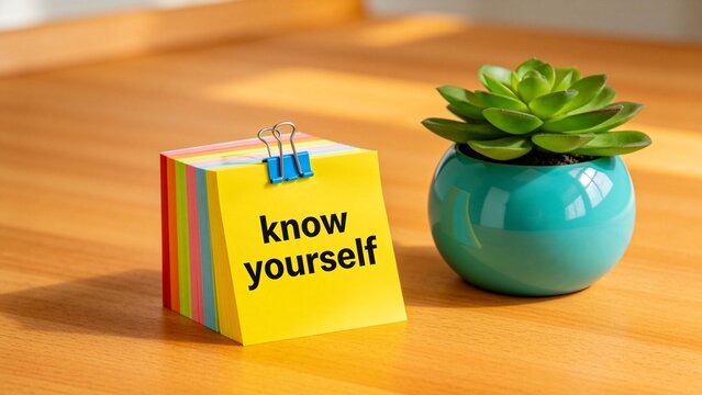 Note pad with know yourself text and plant