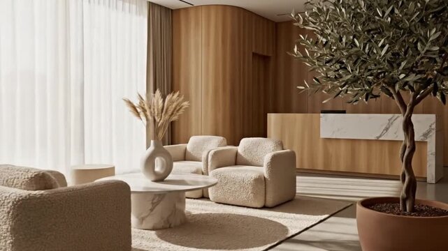 Modern minimalist interior design with comfortable boucle chairs and a reception desk in a bright lobby