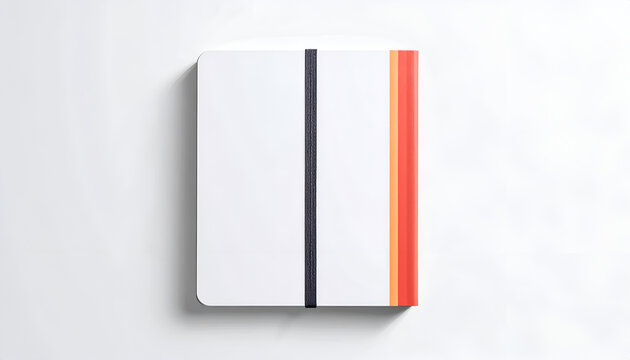 Minimalist white notebook with elastic band and orange stripe on white surface