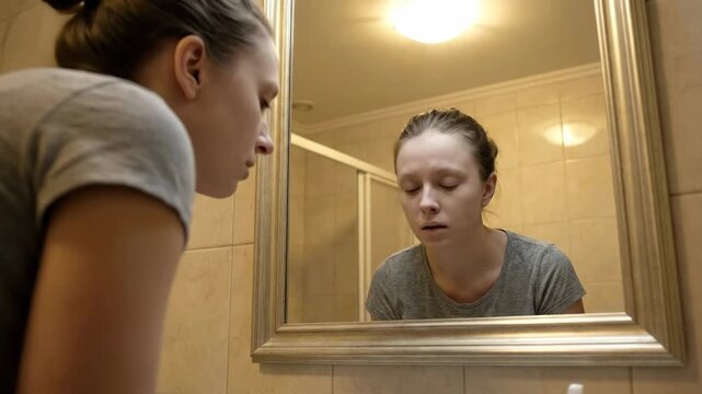 Woman checking her reflection, showing pale skin, exhaustion, and fatigue, symptoms of iron deficiency anemia, a common blood disorder