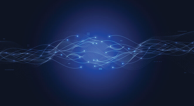 Abstract futuristic blue digital wave background with glowing particles and lines.