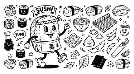 Vintage 1930s Retro Mascot Sushi Japanese Food Illustration Set © Avartde
